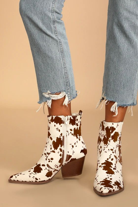 Jessamine Beige and Brown Cow Print Suede Pointed Toe Booties | Lulus (US)