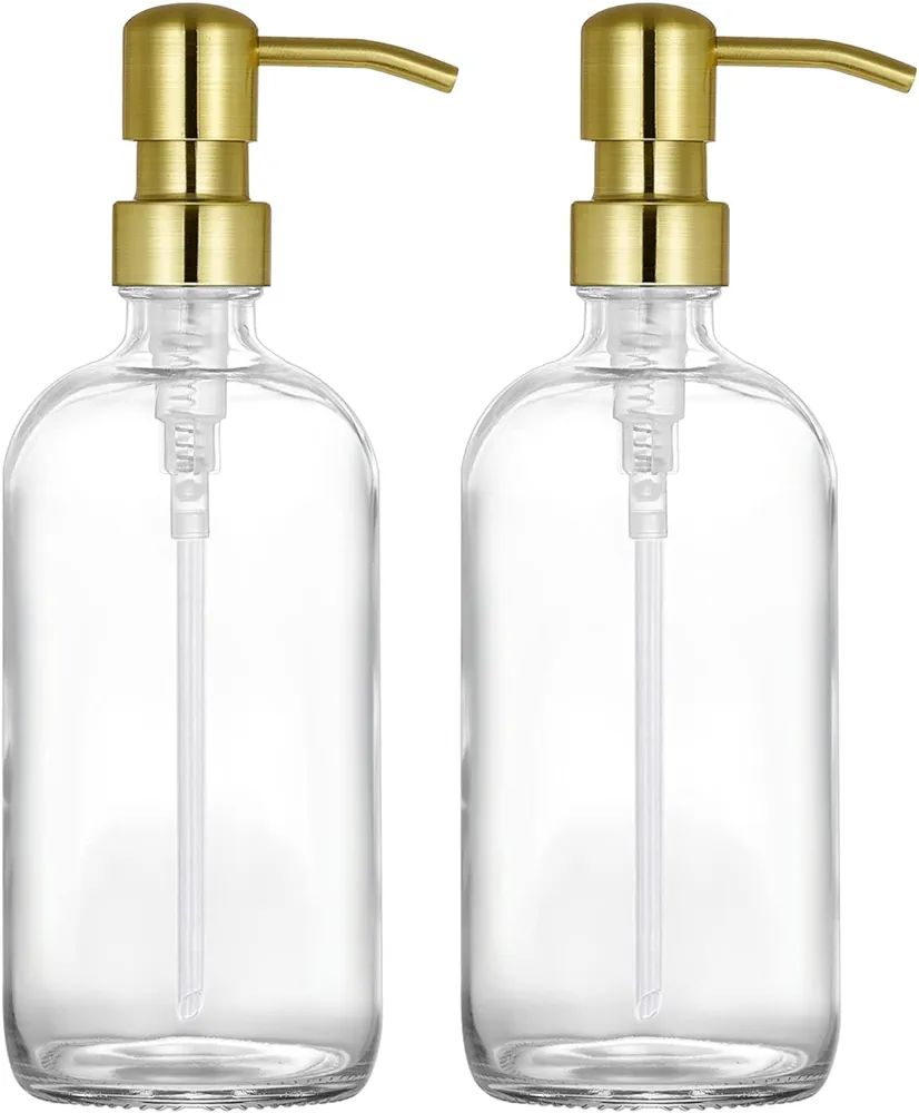 2 Pack Thick Clear Glass Pint Hand Soap Dispenser Bathroom with Gold Stainless Steel Pump, 16ounc... | Amazon (US)