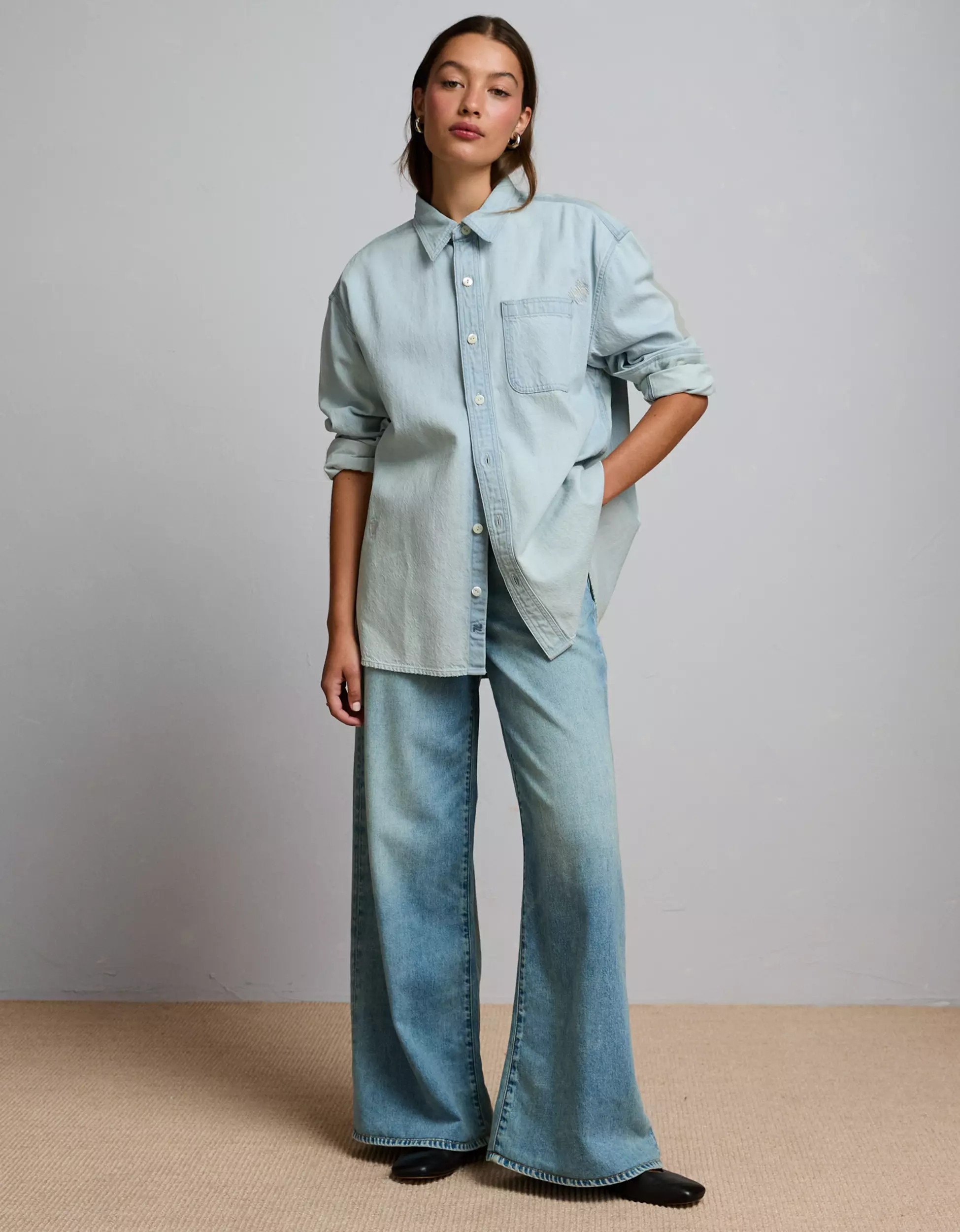 AE77 Premium Denim Boyfriend Shirt | American Eagle Outfitters (US & CA)