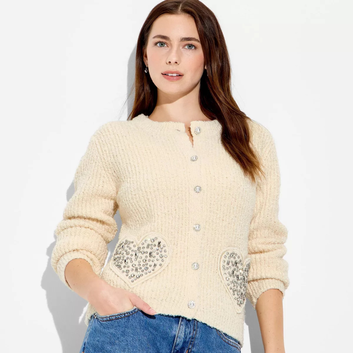 Wicked x Katie Kime Women's Heart Graphic Cardigan - Cream | Target