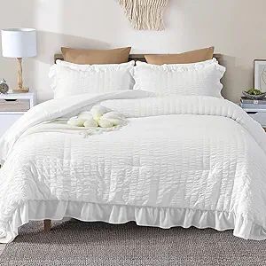 JOLLYVOGUE Queen Comforter Set, 3 Pieces White Seersucker Comforters Queen Size, Lightweight & Fl... | Amazon (US)