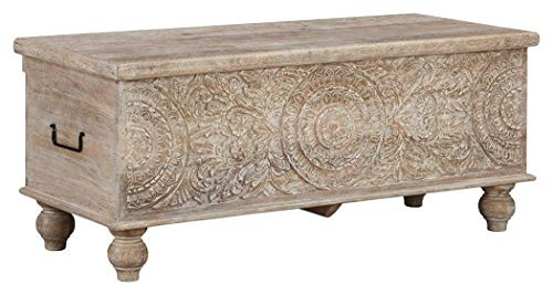 Signature Design by Ashley Fossile Ridge Boho Carved Wood Storage Bench with Hinge Top, Beige | Amazon (US)