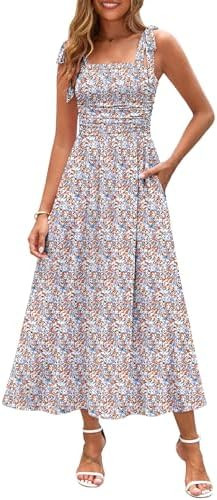 Zattcas Womens 2026 Summer Spaghetti Strap Floral Maxi Dress with Pockets Smocked Flowy Long Beac... | Amazon (US)