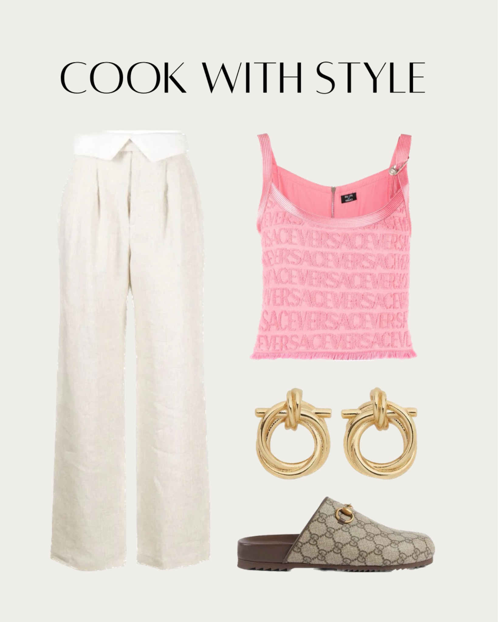 Where Fashion Meets Flavor! Slip into the Reformation Stevie linen trousers and the Versace x Dua Lipa pink top, transforming your dinner prep into a glamorous affair. Every dish is a masterpiece, and every moment in the kitchen is a chance to feel your best. Complete your culinary ensemble with the Gucci GG Supreme Horsebit Slippers and Ferragamo Mancini Twisted Hoop Earrings—because even in your home kitchen, you deserve to shine. #ClassyCookingStyle #FashionOnTheMenu #GlamorousKitchen #CookInStyle #ElegantHomeCuisine #FashionistaChef #DiningRoomRunway

#LTKstyletip #LTKFind #LTKhome
