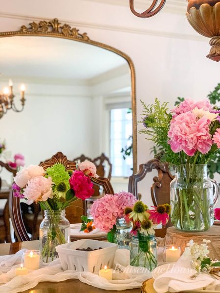 Set a Romantic Country Chic Table setting — perfect for a dinner party at home or inspiration for a rustic and romantic wedding.

The oversized gilded mirror, dining chairs, gold flatware, table runner and mason jars are the exact match products.

The distressed pedestal, wood chargers and napkins are very similar.

Don’t forget to read the blog post at https://rouseinthehouse.co/romantic-country-chic-tablescape-with-flowers-mason-jars/.

#tablescape #frenchcountry #diningroom #rusticglam 

#LTKstyletip #LTKunder50 #LTKSeasonal