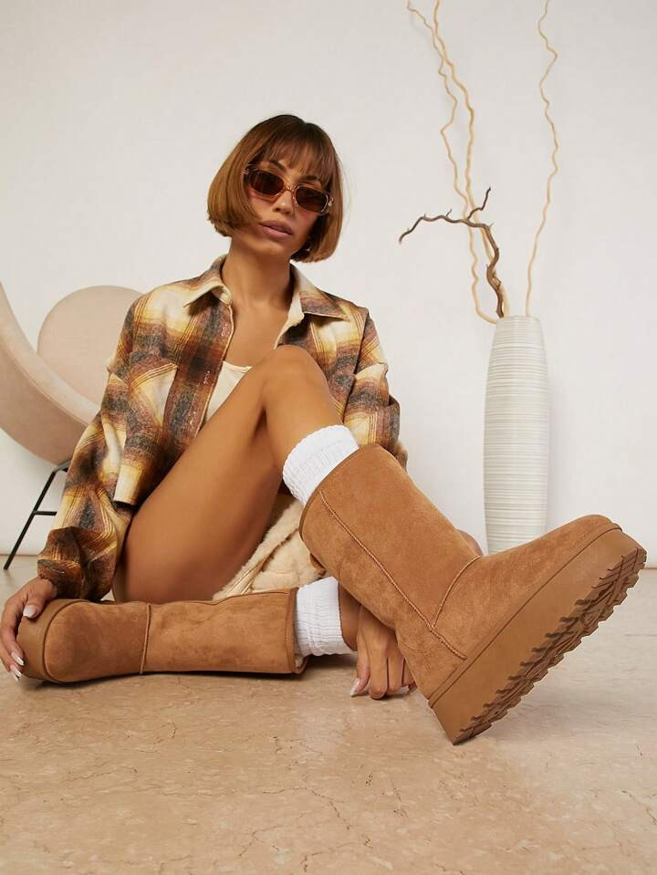 SHUZIA Women Shoes Slip-On Faux Fur Lining Round Toe Flatform Winter Boot Faux Suede Camel Winter... | SHEIN