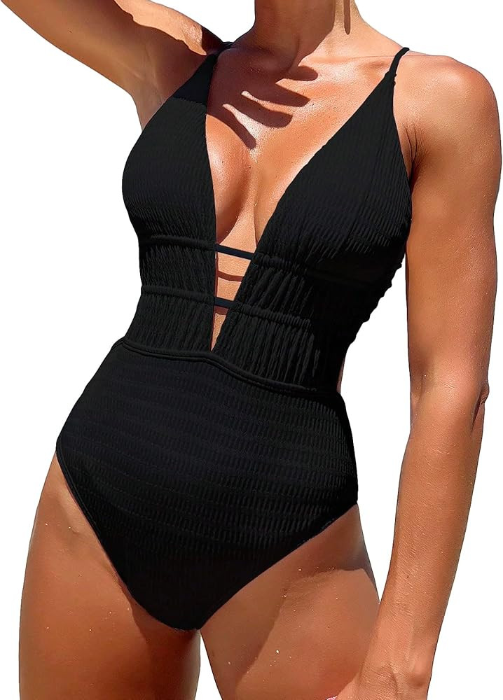 SOLY HUX Women's Criss Cross Depp V Neck One Piece Swimsuit Monokini Bathing Suit | Amazon (US)