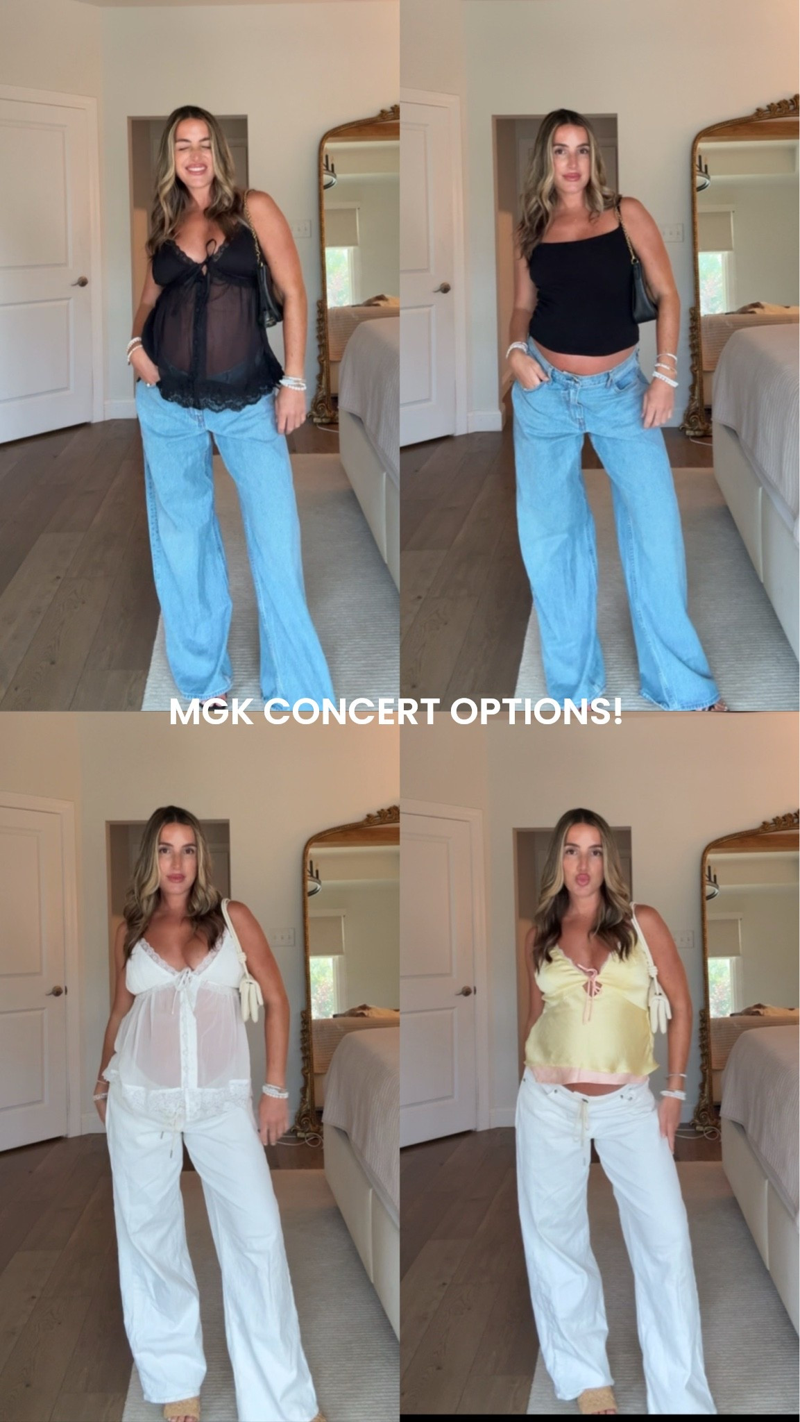 I’m 5’2” 29 weeks pregnant in 28w jeans, 27w linen white jeans, medium in the yellow top, XS in black & white flowy top, and small in 90s fitted tank!