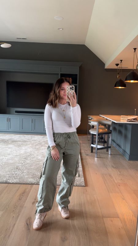 Wearing xs shirt in cargo pants, xs in white ribbed tee, sneakers tts // spring outfit, casual outfit // 

#LTKsalealert #LTKfindsunder50 #LTKSpringSale