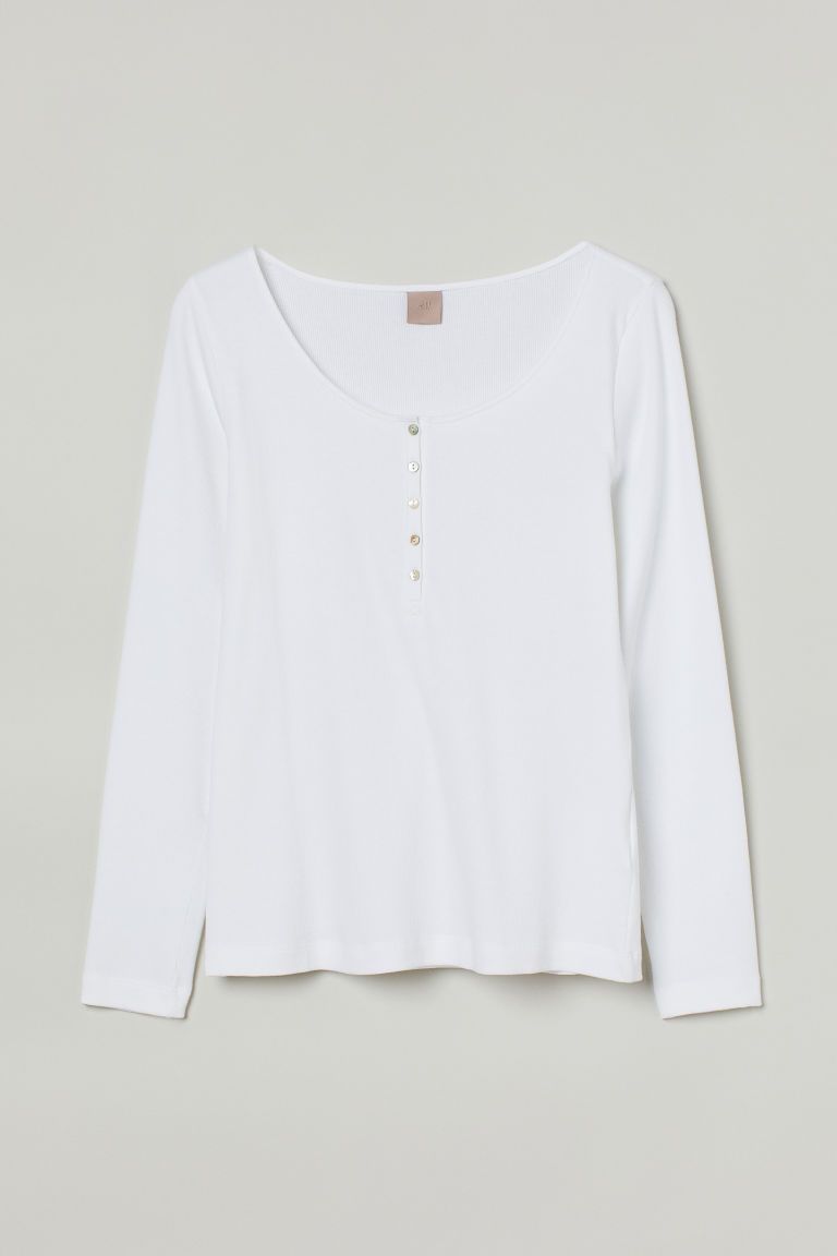 H & M - Ribbed Henley Shirt - White | H&M (US)