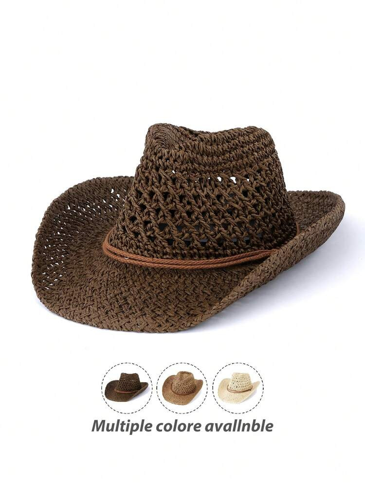 1pc Vintage Hollow Brim Wide Brim Straw Hat, Unisex Outdoor Travel Beach Sun Hat, Handwoven Breat... | SHEIN
