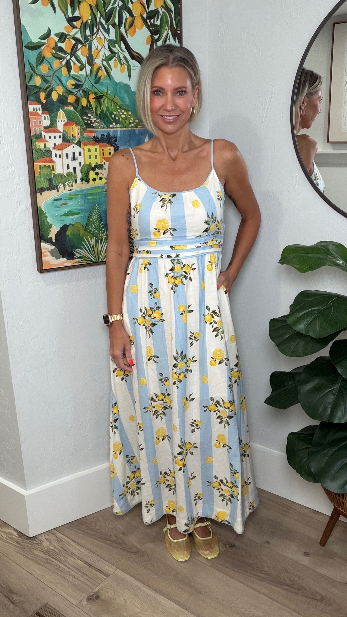 I love this lemon sun dress so much!! Plus the blue strips, ugh so good! 

My yellow mesh flats are Kate Spade and I got them from Macy’s. They fit tts.