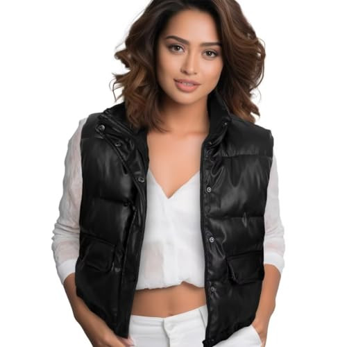 Megub Womens Faux Leather vests Fashion Puffer Vest for winter outwear Sleeveless crop padded Jackets coat(black,S) | Amazon (US)