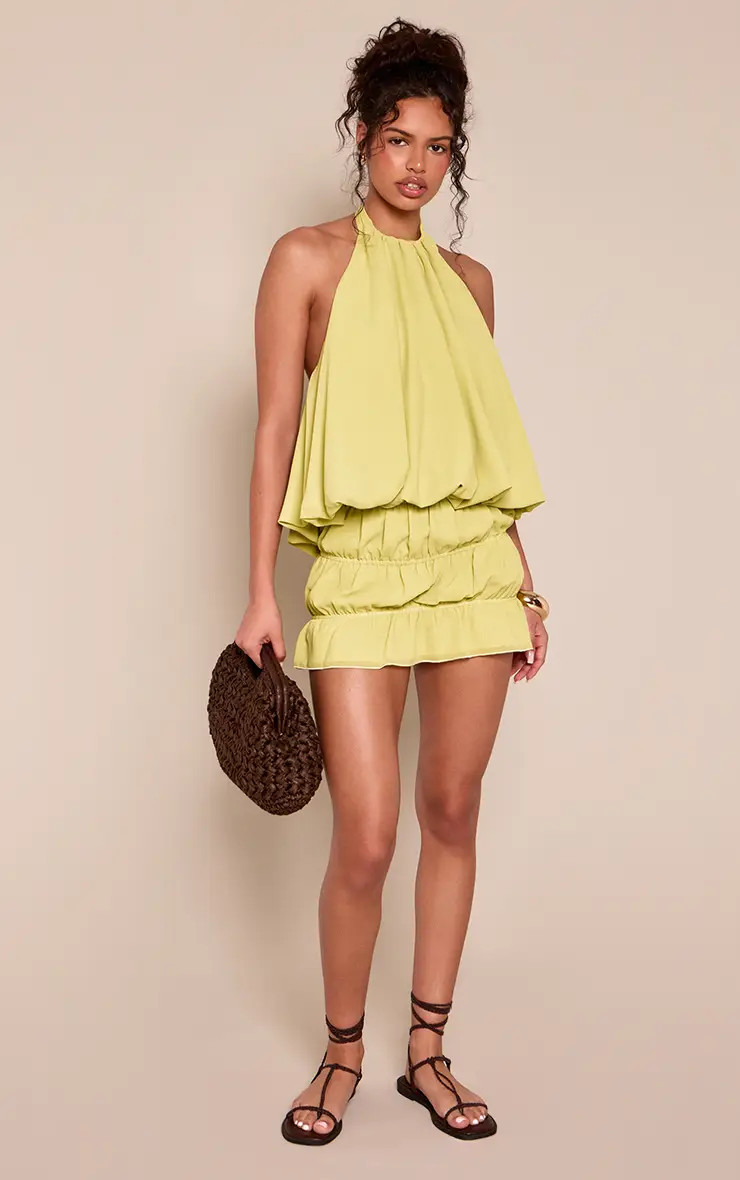 Lime Chiffon Ruched Mini Skirt Co-ord | PrettyLittleThing UK