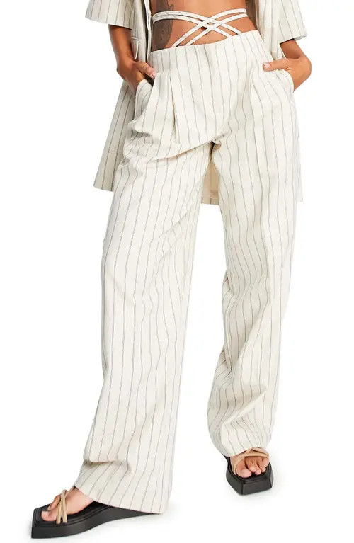 Topshop Stripe Tie Waist Pants in Beige at Nordstrom, Size 8 Us | Nordstrom