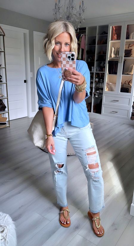 I need this tee in every color!!!! So good! And these jeans are the perfect relaxed comfy fit!!!
Top small
Jeans size 4
Sandals sized up 1/2 size 

#LTKstyletip #LTKfindsunder100 #LTKfindsunder50