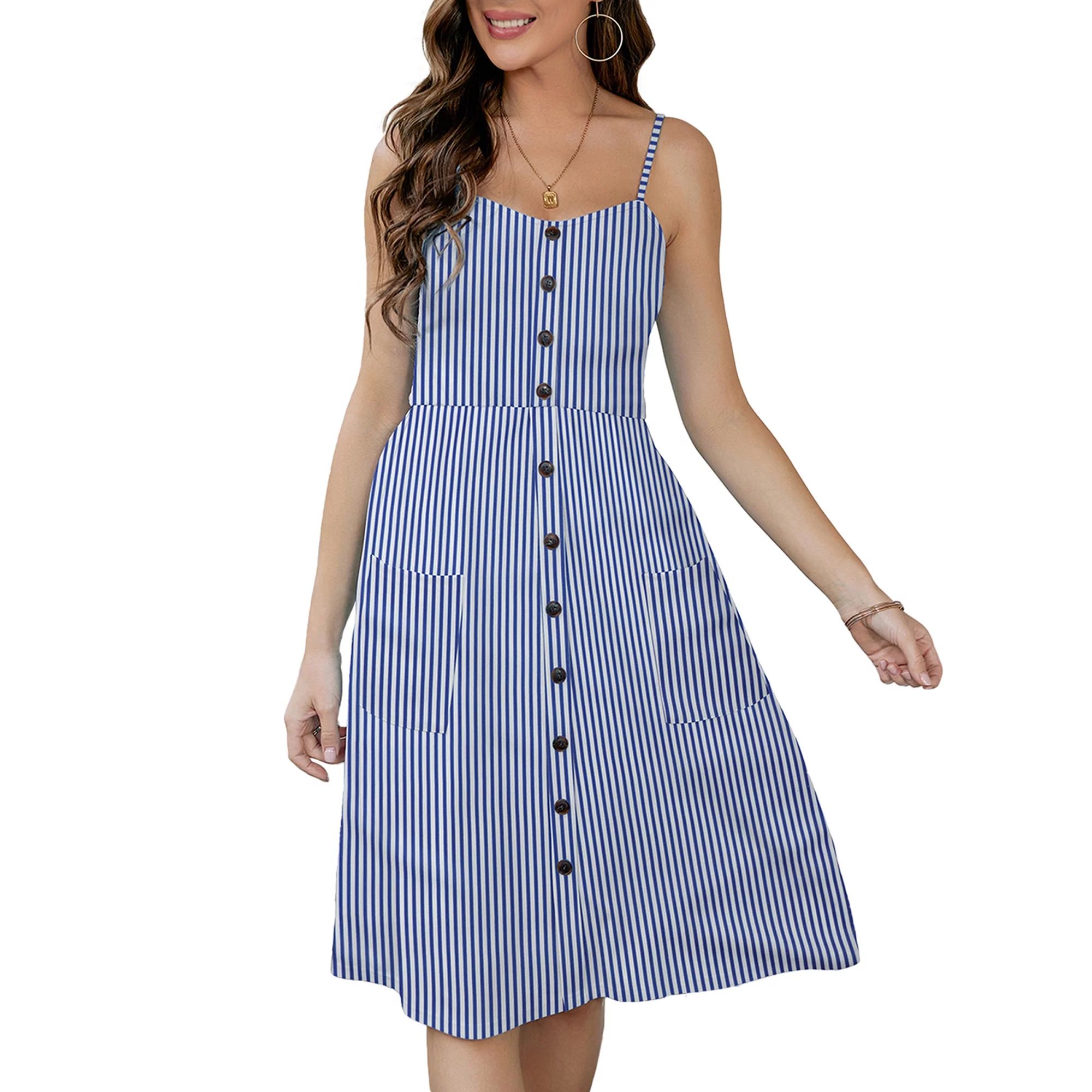 SWQZVT Women's Spaghetti Strap Summer Dresses Boho Blue Stripe Midi Dress L - Walmart.com | Walmart (US)