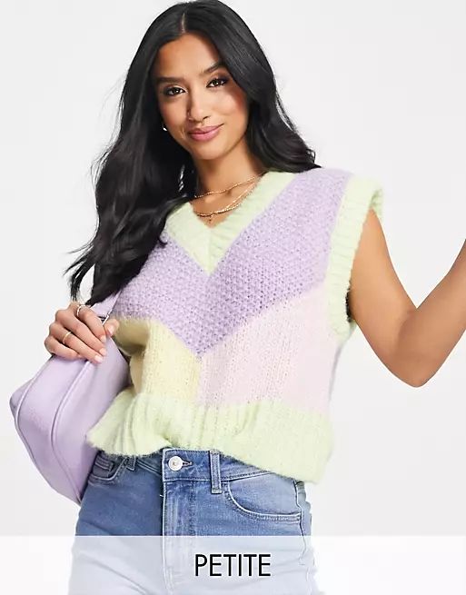 Pieces Petite colourblock knitted vest in lilac & lime | ASOS (Global)