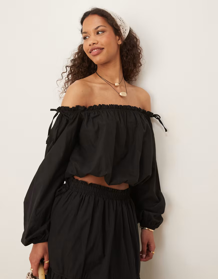ASOS DESIGN boho bardot top in black co ord | ASOS (Global)
