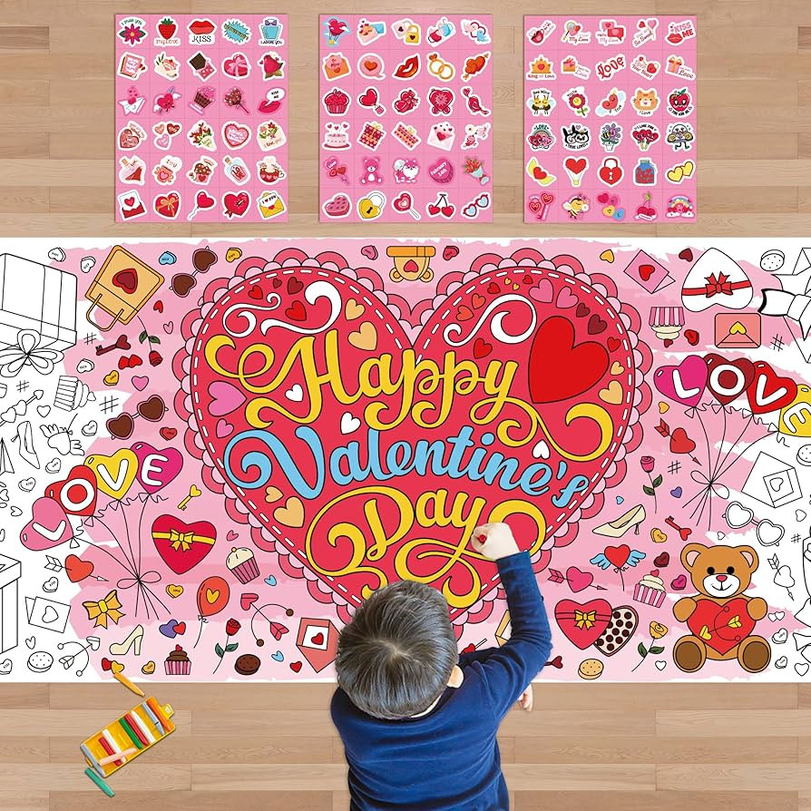 OHOME 91 PCS Valentine's Stickers with Giant Coloring Poster - Valentines Day Crafts for Kids - V... | Amazon (US)