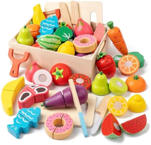 34Pcs Wooden Play Food for Toddlers - Toy Food with Velcro Fruit & Veggies | Amazon (US)