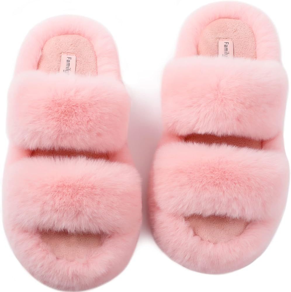 FamilyFairy Women's Fluffy Faux Fur Slippers Comfy Open Toe Two Band Slides with Fleece Lining and R | Amazon (US)