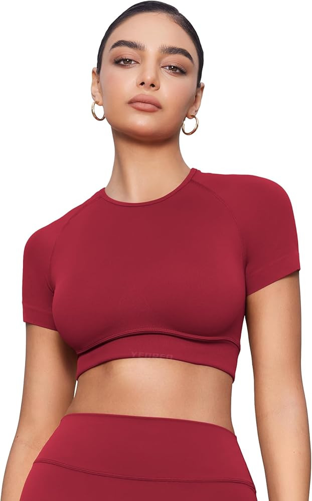 YEOREO SoftHue Womens Short Sleeve Crop Tops Caliyta Seamless Workout Impact T Shirts Crew Neck R... | Amazon (US)