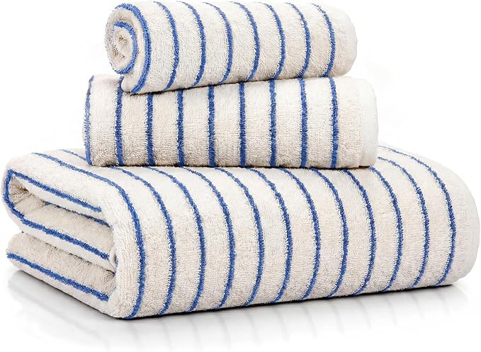 3 Pack Blue and White Striped Bath Towels Set Cotton Absorbent Shower Towels for Bathroom Pool Sp... | Amazon (US)