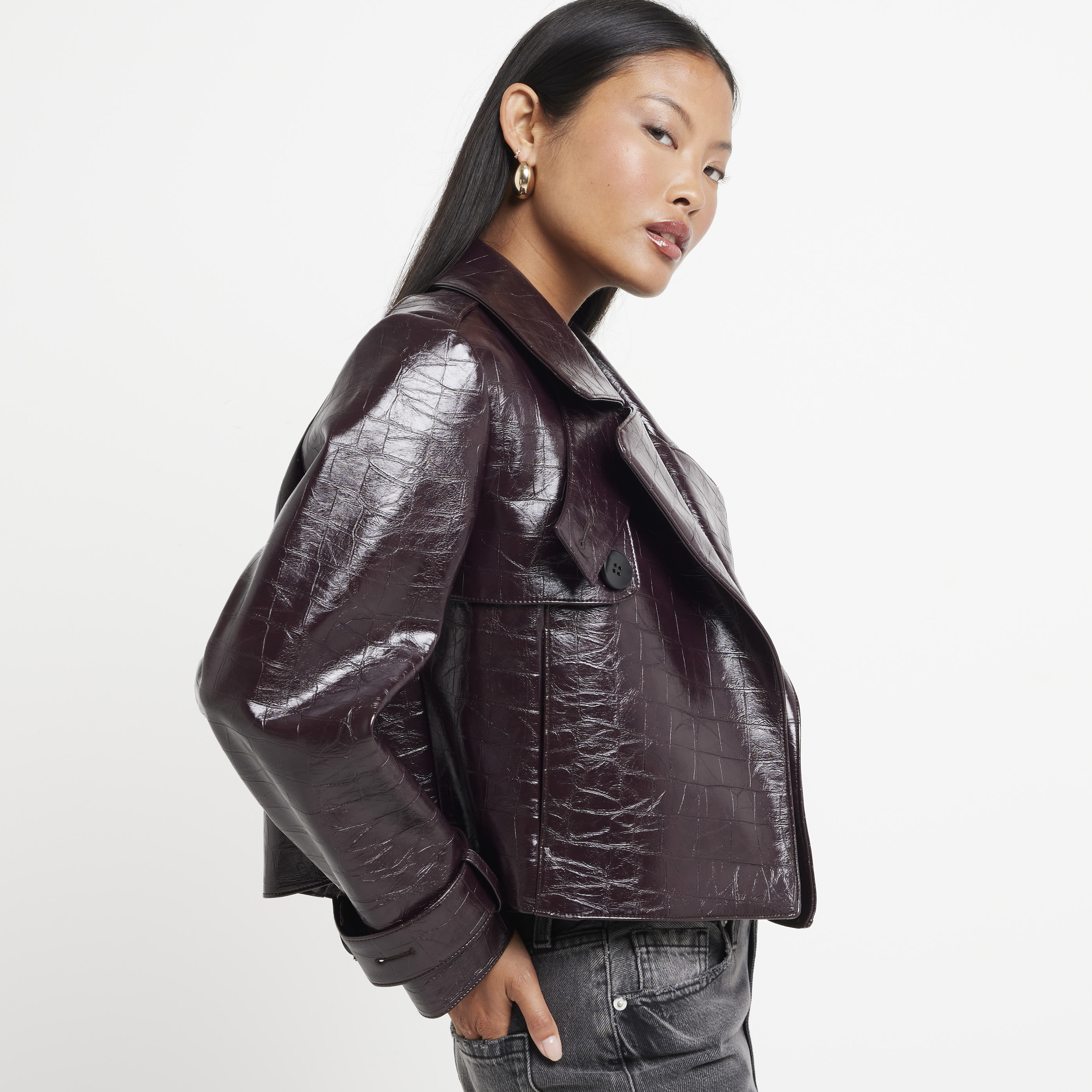 River Island Womens Petite Red Faux Leather Crop Trench Jacket | River Island (UK & IE)