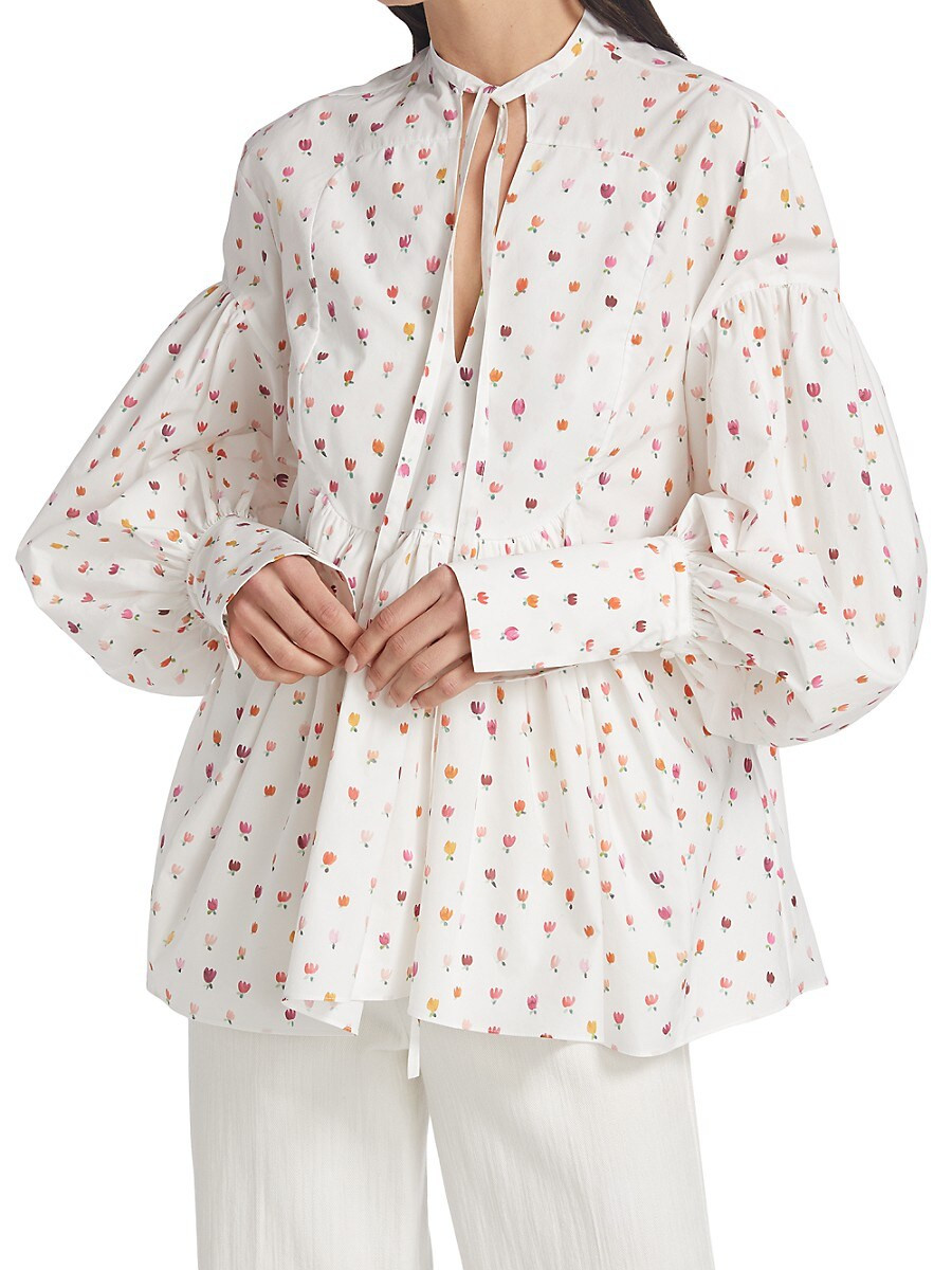 Rosie Assoulin Swashbuckler Floral Tie Neck Top - White Multicolor - Size 4 | Saks Fifth Avenue OFF 5TH