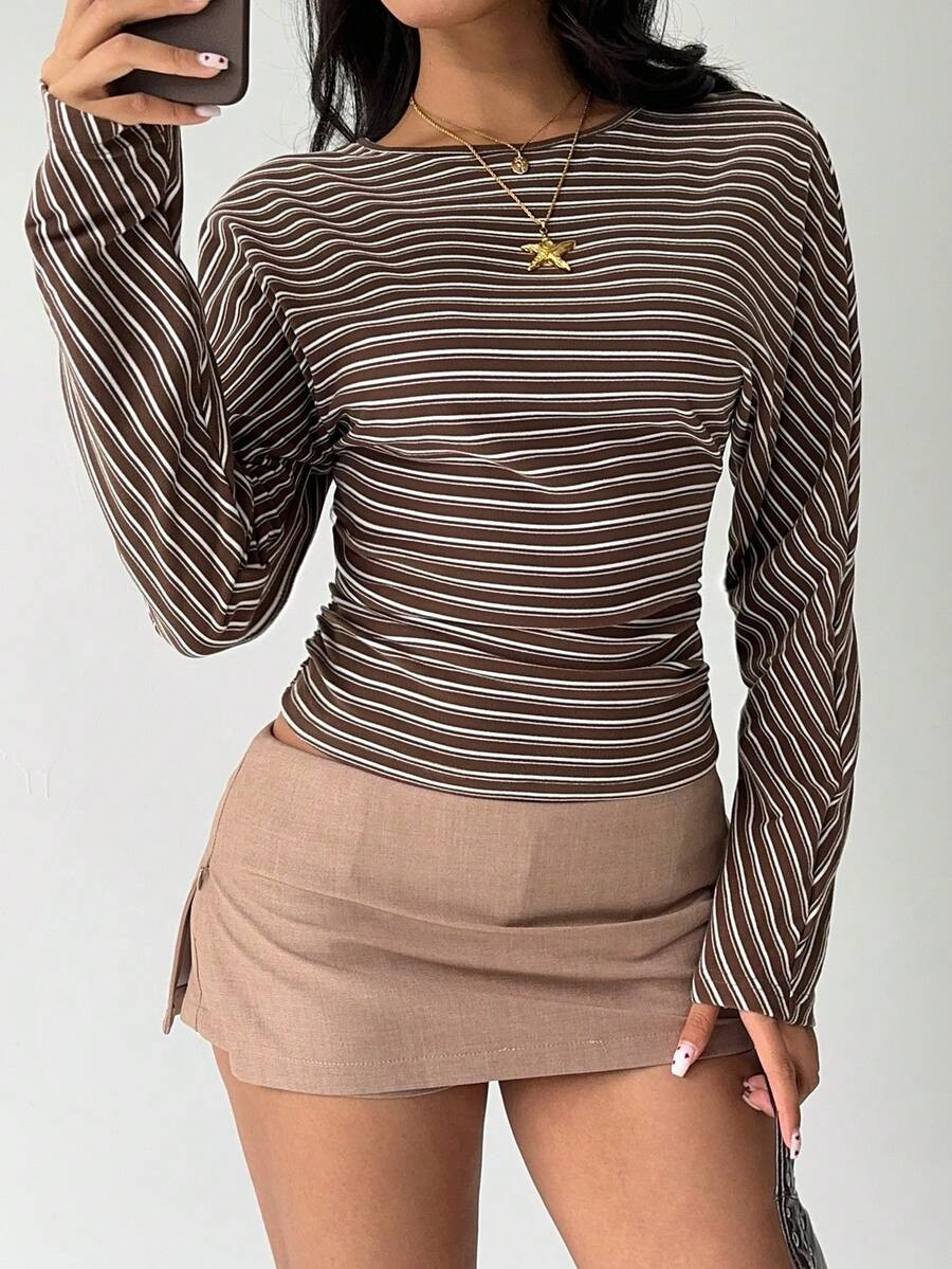 Aloruh Women's Casual Loose Top Tight Bottom Striped T-Shirt, Autumn | SHEIN