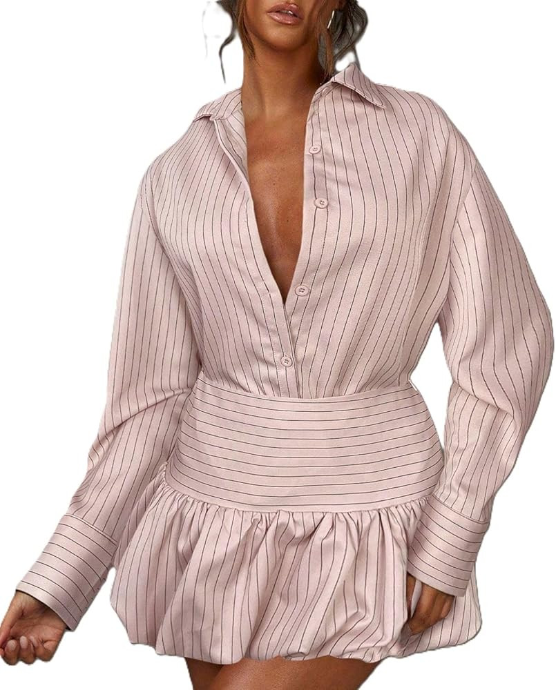 Melliflo Womens Button Down Pleated Shirt Dress Long Sleeve Striped Print Bubble Mini Dresses Cas... | Amazon (US)