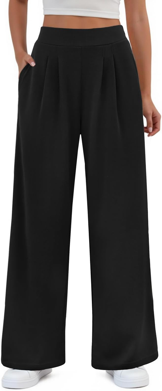 FireSwan Women's Wide Leg Pants Elastic High Waist Casual Palazzo Pants Trousers with Pockets | Amazon (US)