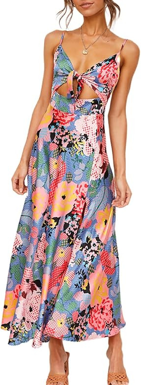 Dokotoo Womens 2022 Summer Floral Print Spaghetti Strap Sundress V Neck Tie Front Maxi Dress | Amazon (US)