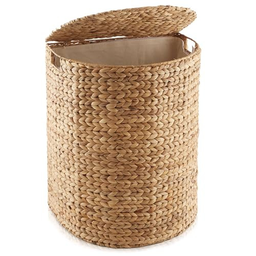 Casafield Half Moon Laundry Hamper with Lid and Removable Liner Bag - Natural, Woven Water Hyacinth Laundry Basket for Clothes and Towels | Amazon (US)
