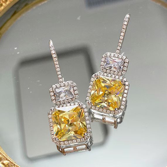Canary Diamond FANCY Yellow 10x10mm Luxury Earring Party Queen's Choice Exquisite Vintage style A... | Etsy (US)