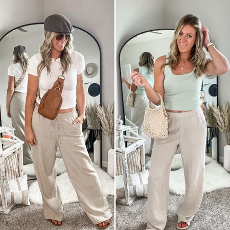 Linen pants restocked! 

Left - one length but run long, wearing a medium 
Right - available in lengths and more colors, wearing a medium tall


#LTKmidsize #LTKstyletip