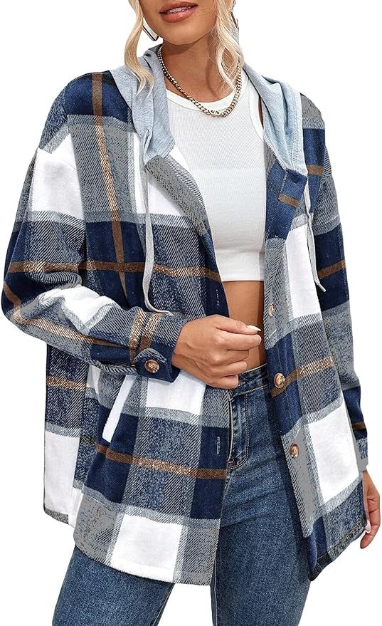 PASLTER Womens Casual Plaid Hooded Shirt Jackets Long Sleeve Button Down Flannel Fall Spring Coat... | Amazon (US)