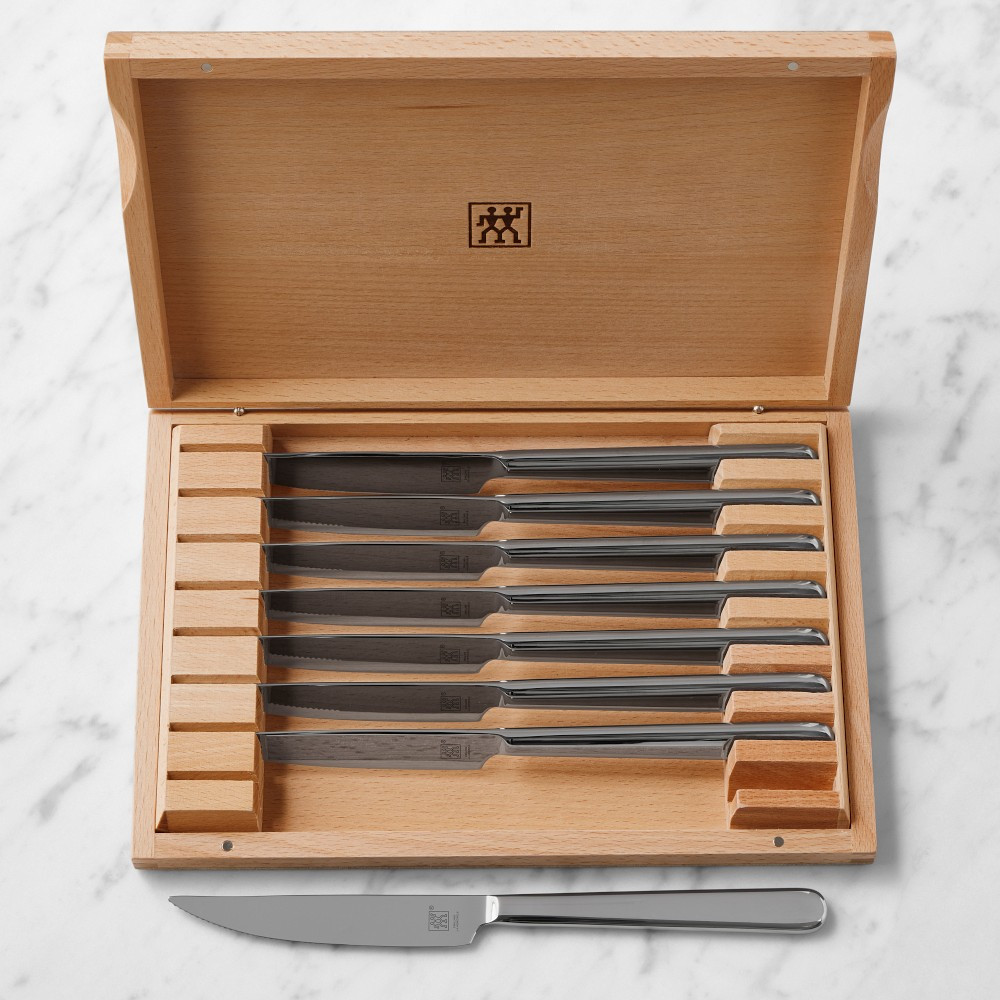 Zwilling Contemporary Stainless-Steel Steak Knives in Wood Gift Box, Set of 8 | Williams-Sonoma