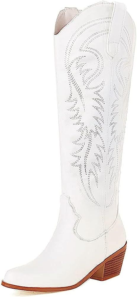Womens Cowgirl Boots Western Embroidered Knee High Pull on Tall Wide Calf Knee High Boots Autumn ... | Amazon (US)
