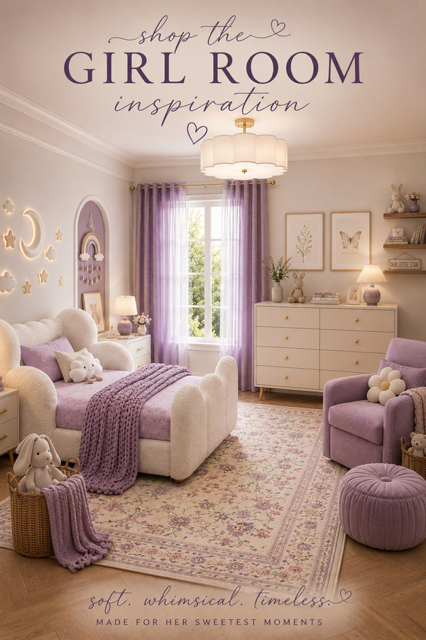 A dreamy toddler girl room with soft lavender tones, whimsical decor, cozy textures, floral rugs, and timeless nursery i