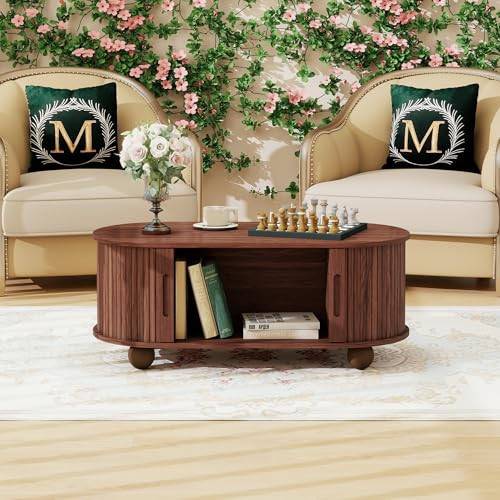 Woenei Mid Century Modern Coffee Table with Storage, Wood Oval Coffee Table with Sliding Tambour Door,Center Table for Living Room, Reception Room, Entertainment Room, Courtyard, Walnut | Amazon (US)