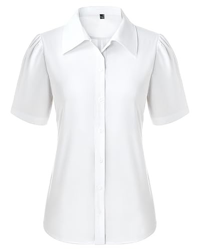 Gleeivy Button Down Shirts for Women Button Up Dress Shirts Puff Short Sleeve Collared Fitted Blouse Work Business Top White S | Amazon (US)