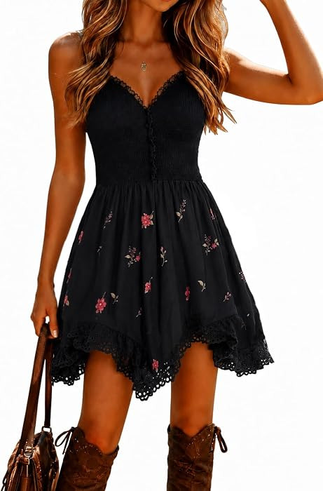 Kubsid Spaghetti Strap Dresses for Women 2026 Summer Floral Mini Dress Cami Backless Deep V Neck ... | Amazon (US)