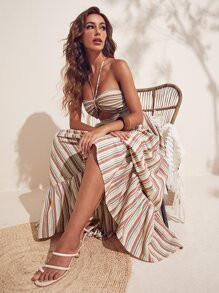 SHEIN VCAY Cutout Detail Striped Ruffle Hem Halter Dress SKU: swdress07210422206(1000+ Reviews)Co... | SHEIN