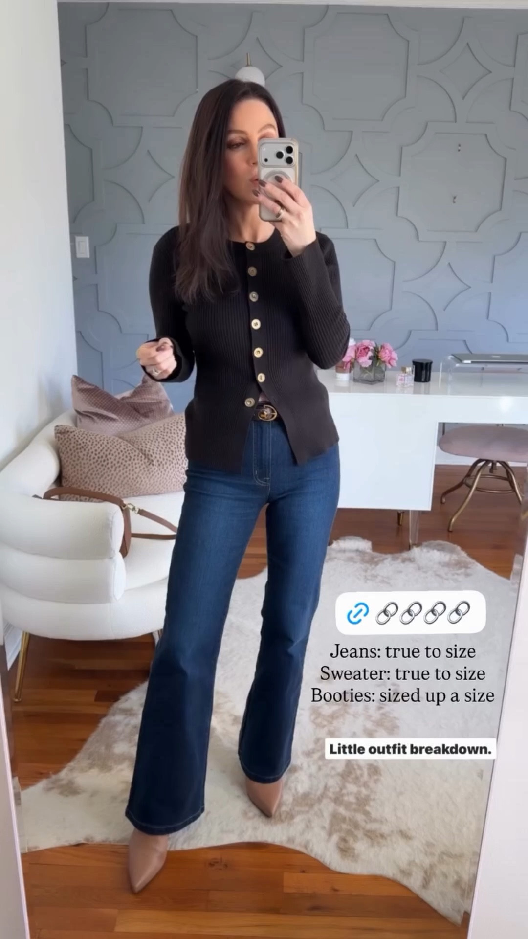 Jeans: true to size
Sweater: true to size
Booties: sized up a size