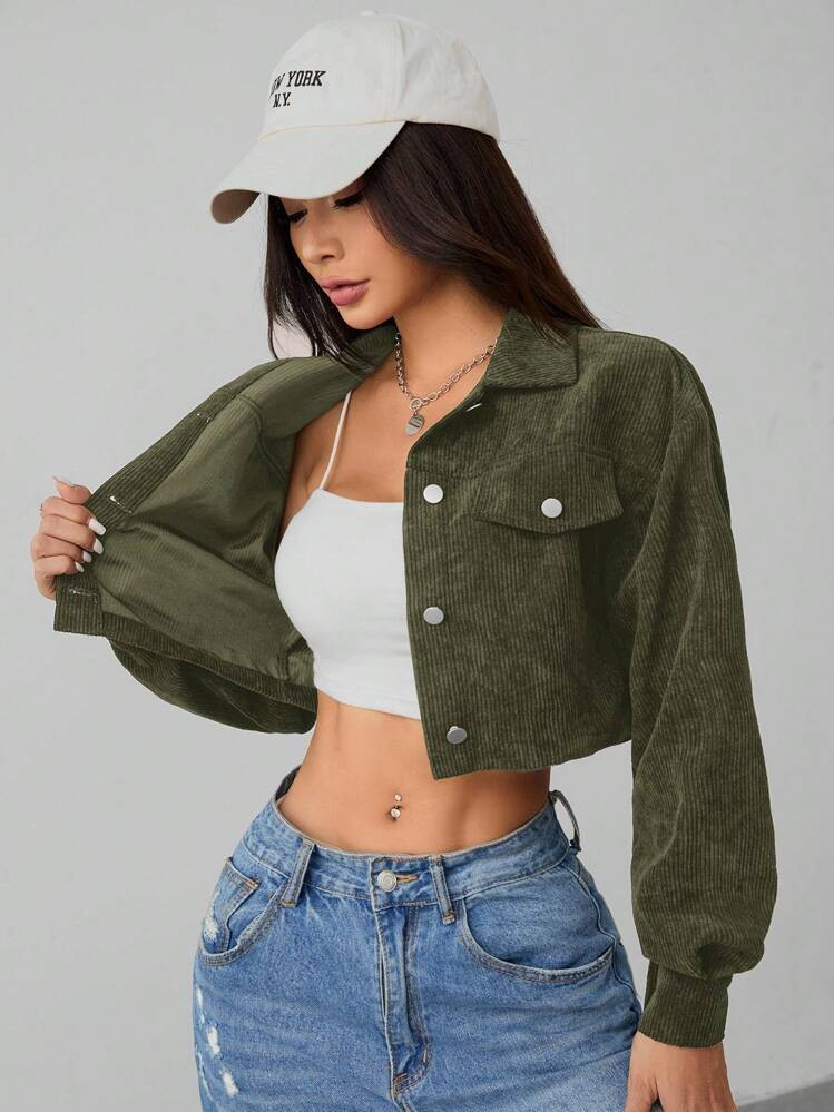 SHEIN PETITE Spring Drop Shoulder Flap Detail Crop Corduroy Jacket In Fall/Winter | SHEIN