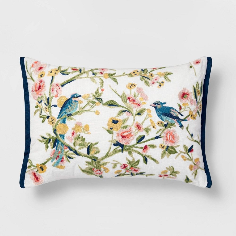 Lumbar Embroidered Floral and Bird Pillow White - Threshold | Target