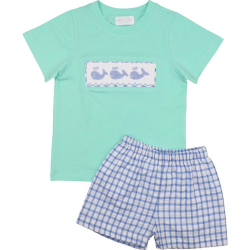 Mint And Blue Windowpane Smocked Whales Short Set | Cecil and Lou