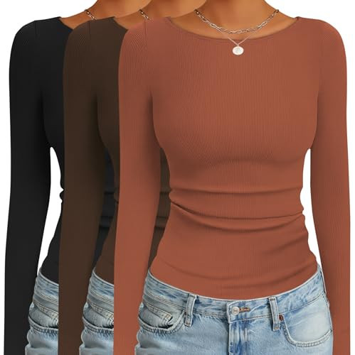 Ekouaer 3 Pack Womens Long Sleeve Shirts Boat Neck Ribbed Thermal Undershirts Lightweight Basic Top Black/Caramel/Brown L | Amazon (US)